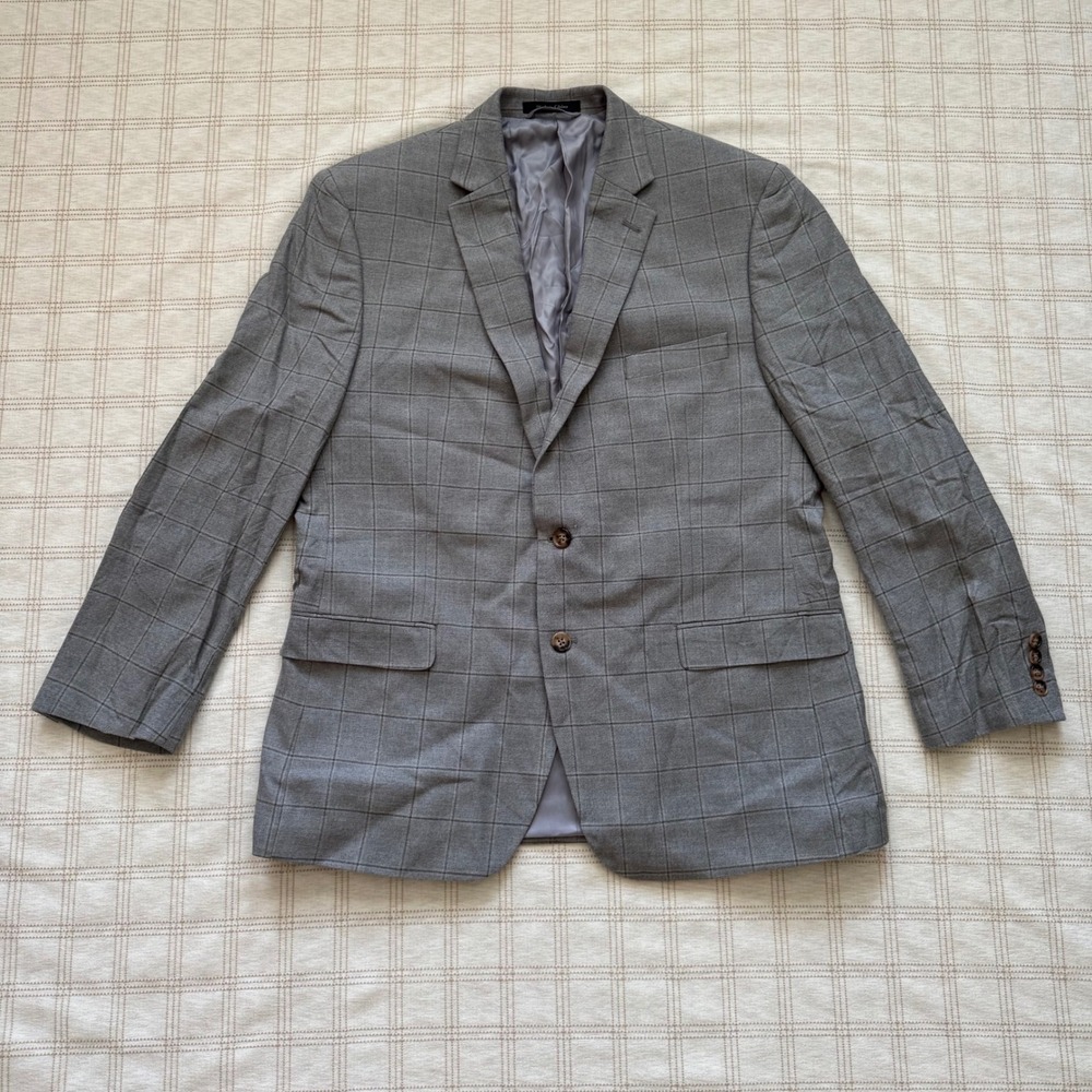 Lauren Ralph Lauren Mens Gray Windowpane Silk Wool Blazer‎ Sport Coat 44R